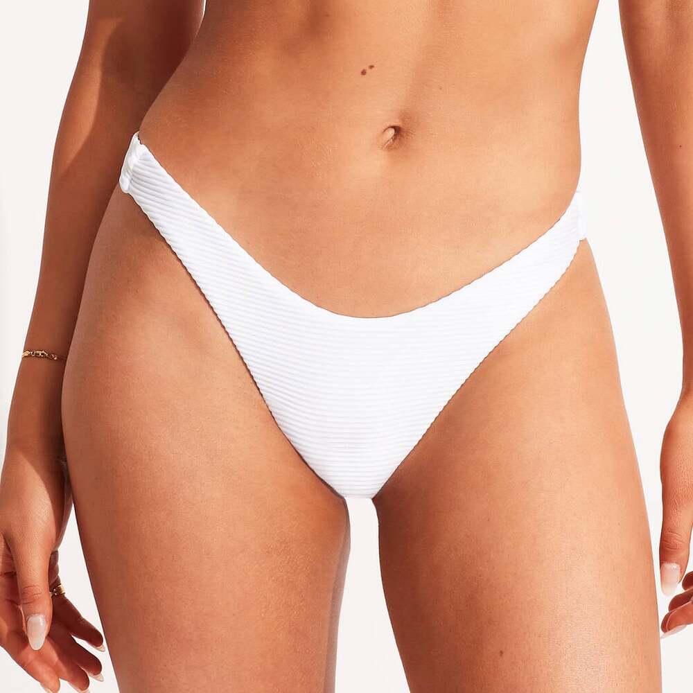 NWOT Seafolly White Essentials Ribbed High Cut Leg Cheeky Bikini Bottom Size 8